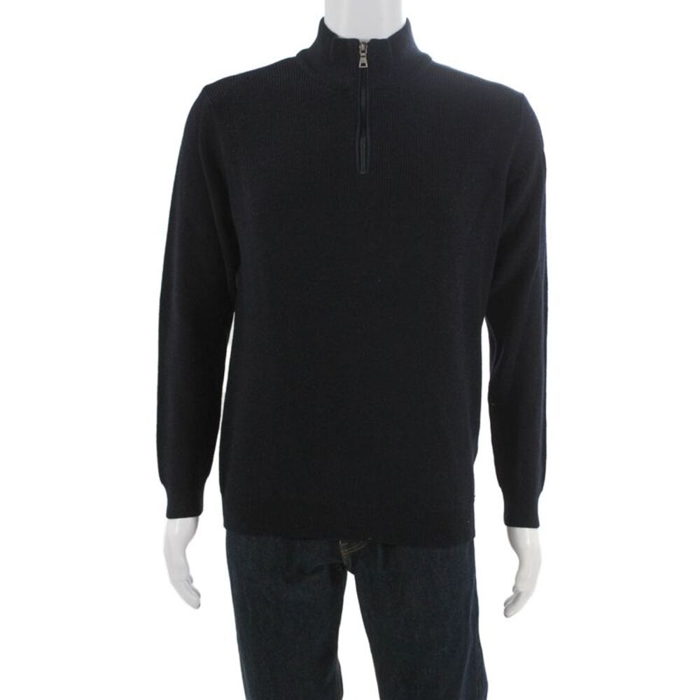 Brax Feel Good Mens Pullover Sweater Black Merino Cotton Mock Neck Zip Size L